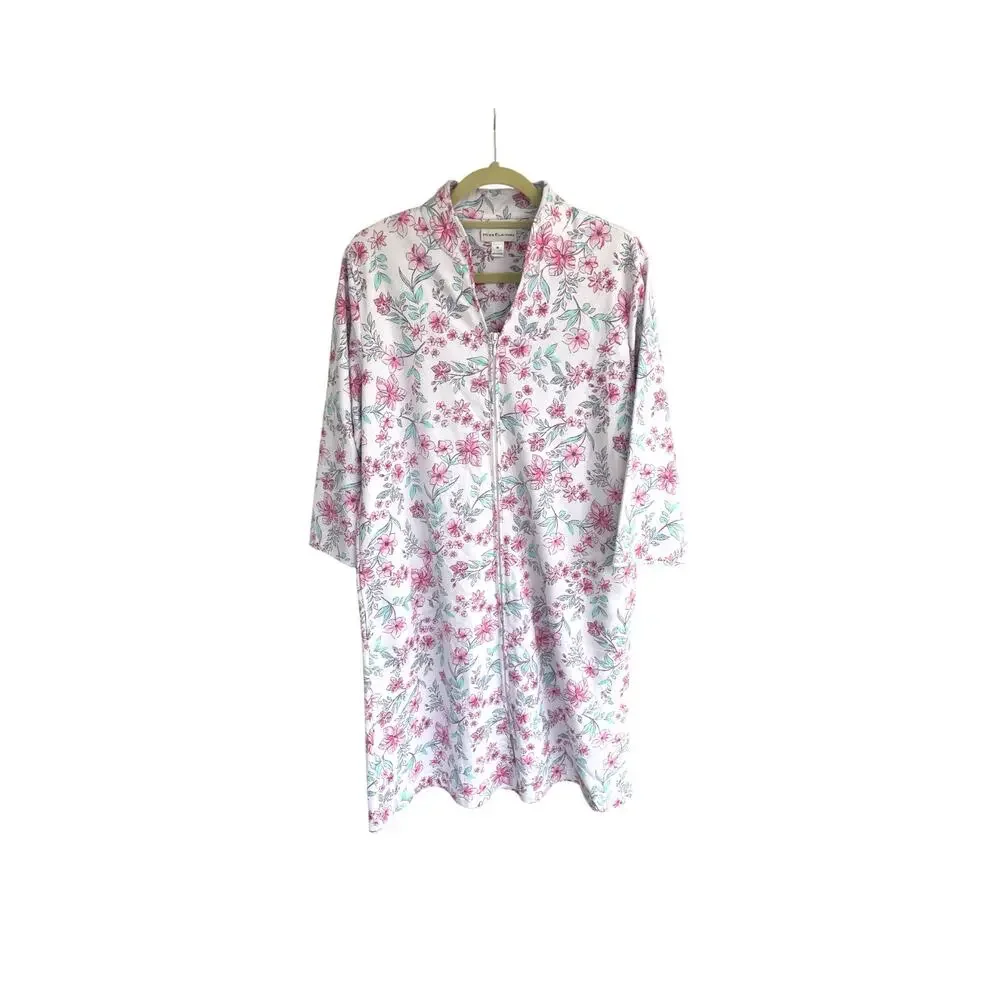 Miss Elaine Lounge Dress Floral Size M Zip Front House Sleepwear Pink Blue